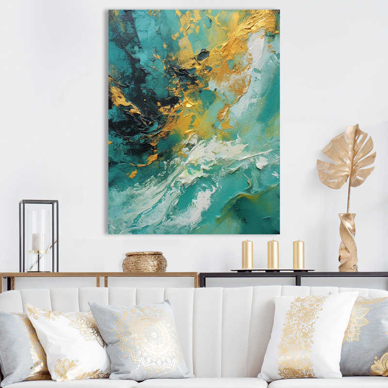 «Golden Turquoise Waves Breaking Abstract I», reproduction d'art sur toile, H 20 po x l 12 po x P 1 po, Toile tendue