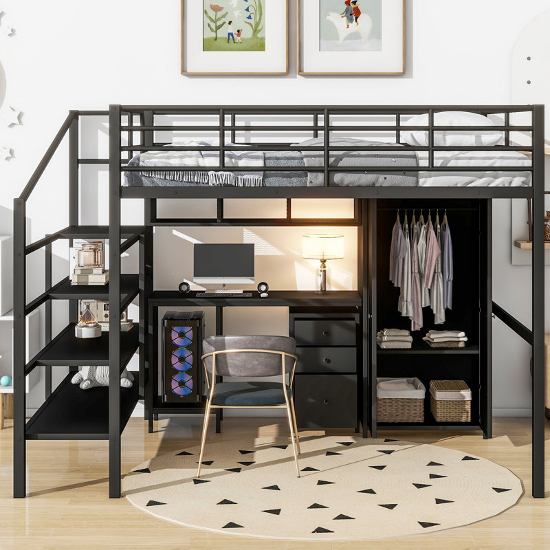 Lit mezzanine en métal avec table et garde-robe, double, conception épurée noire, structure solide, rangement spacieux, assemblage simple de taille double et de construction moderne, structure de la structure, espaces de rangement abondants, processus