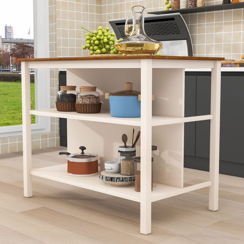 Doudy Farmhouse Solid Wood Kitchen Island with Spacious Tabletop and Open Shelves, Cream White