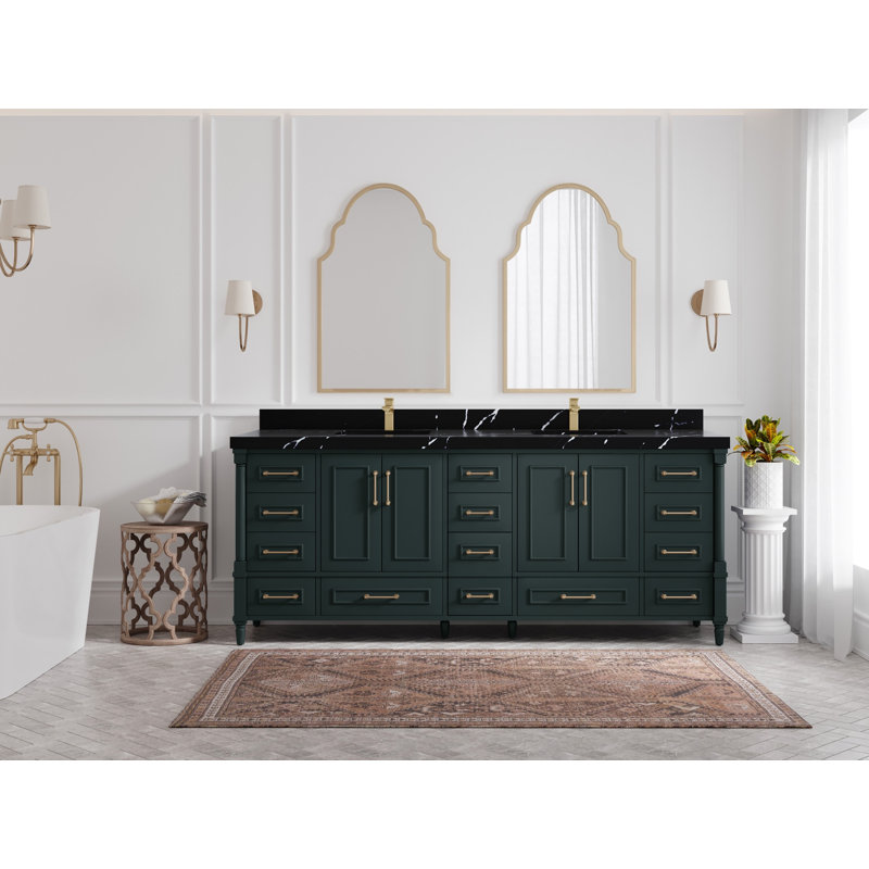 Meuble-lavabo Aberdeen, Quartz noir Calacatta, Vert forêt foncé