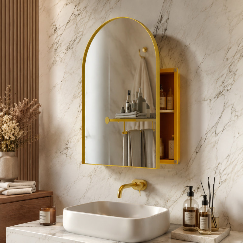 Pharmacie d'angle en métal 18 po avec miroir arqué 18 po x 24 po, tablettes réglables en verre, rangement pour salle de bain compact pour petits espaces, or mat