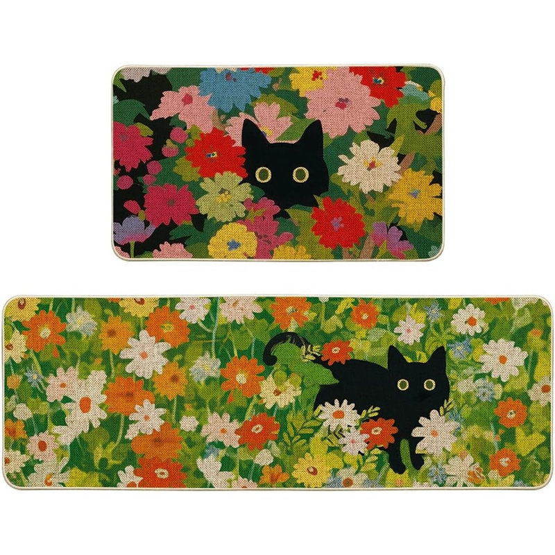 Flowers Floral Black Cute Cat Kitchen Mats - Black - Set Of 2 Low-Profile Floor Rugs,  Spring Home Decor