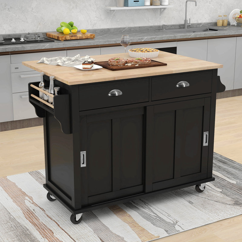 Buccigross 52.2'' Wide Rolling,with Rubber wood Drop-Leaf Countertop, Concealed sliding barn door adjustable height,Kitchen Island on 4 Wheels with Storage Cabinet and 2 Drawers,island,coffee cart