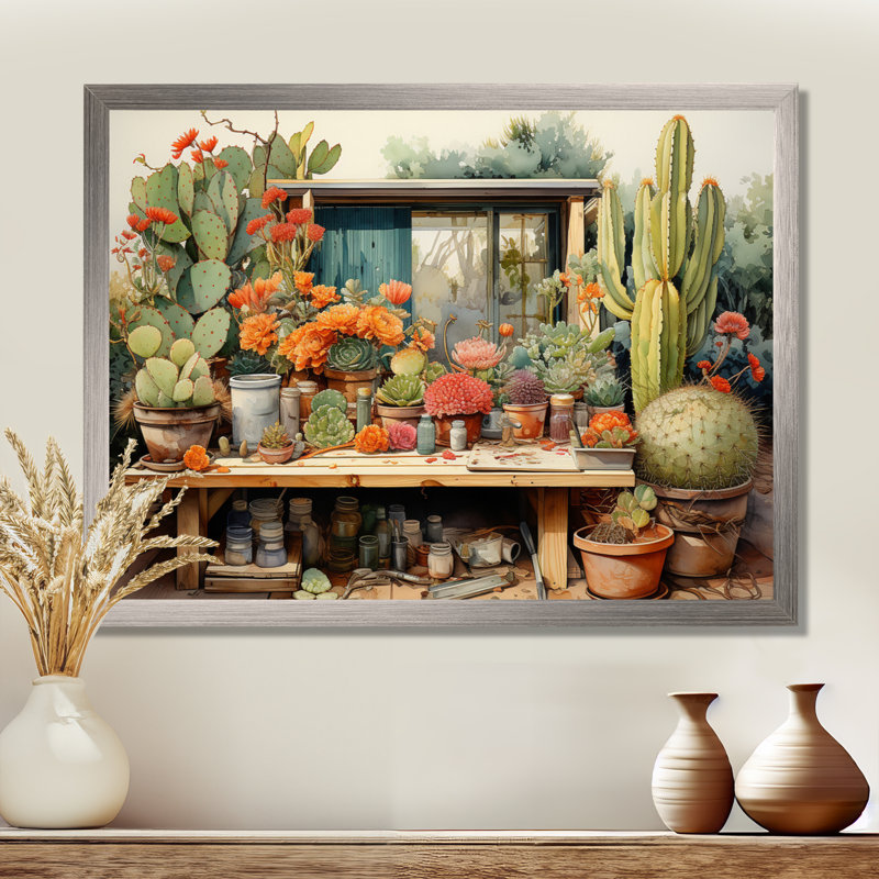 «Mexico Cactus Oasis Impasto III», reproduction d'art sur toile, H 30 po x l 40 po x P 1,5 po, Cadre simple argenté