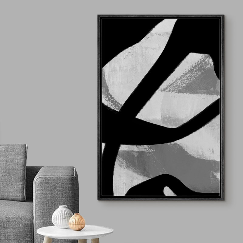 Art mural IDÉE4WALL, impression sur toile encadrée, grandes lignes sombres sur fond gris, illustrations abstraites, art moderne, alternative, noir et blanc, pour le salon, la chambre à coucher, le bureau - 16 po x 24 po - NOIR
