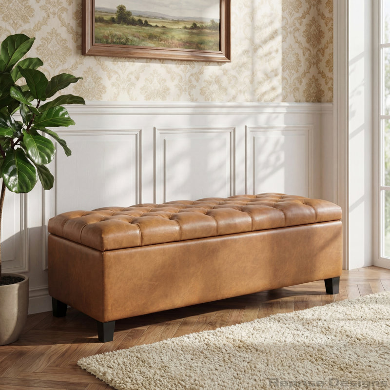 Banc repose-pieds avec rangement, surface bouclée et pieds en bois d'hévéa, White