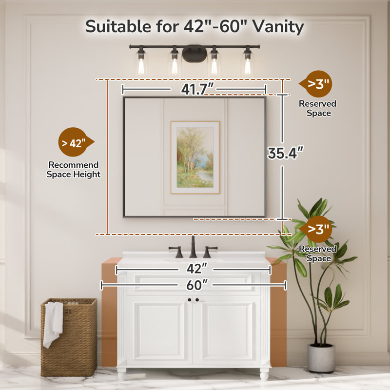 Bathroom Vanity Mirror with Aluminum Frame and Tempered Glass, Brushed Gold, Rectangle, 42" x 36"