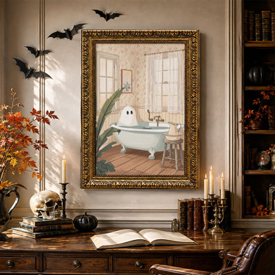 Mignon fantôme dans une baignoire rétro avec art floral sur toile d'Halloween