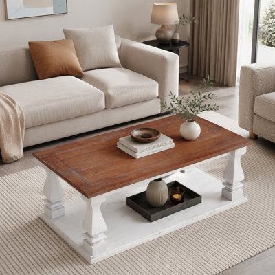 Rectangular Farmhouse Coffee Table,Rustic Coffee Table with Thick Turned Legs & Storage Shelf
