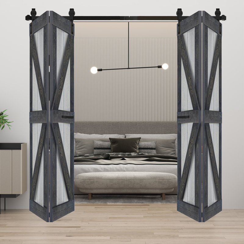 French Gray and Carbon Gray Solid Wood Bi-Fold Barn Door with Hardware Kit