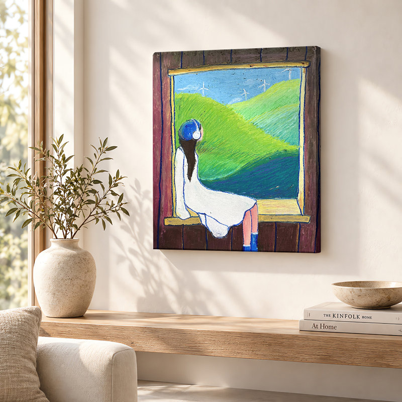 Femme contemplant des collines verdoyantes, tableau sur toile, H 20 po x l 16 po, Toile tendue avec châssis