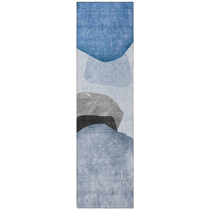 8' Runner Blue Gray and Black Abstract Washable Non Skid Indoor Outdoor Runner Rug