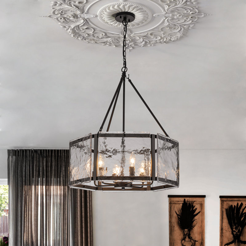 6 - Light Dimmable Drum Chandelier, Satin Black, Black