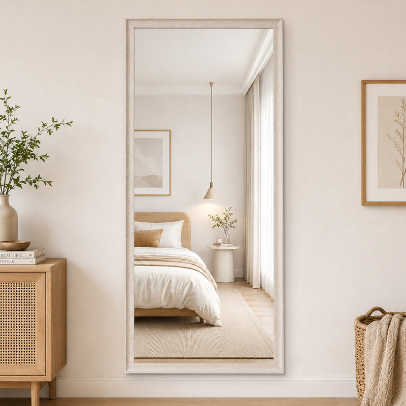 Full Length Mirror with Wood Grain Frame HD Shatterproof Floor Leaning Wall Mounted Mirror, 71" x 32", White