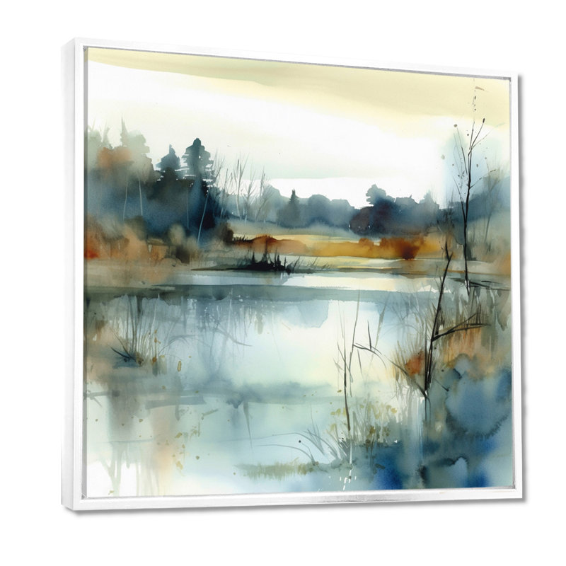 Illustration d'un paysage de lac d'été II, H 16 po x l 16 po, Blanc, Reproduction avec cadre flottant