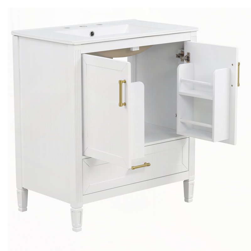 30" Elegant Fluted Bathroom Vanity with Ceramic Sink, White