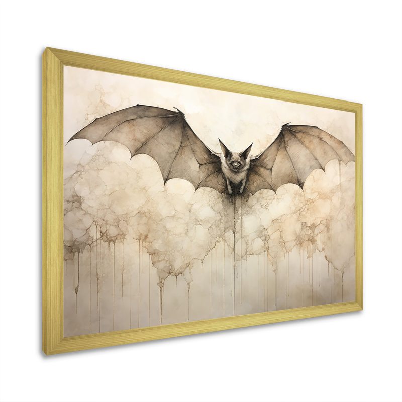 Ailes ouvertes de chauve-souris beiges sur toile, H 34 po x l 44 po x P 1,5 po, Encadrement doré