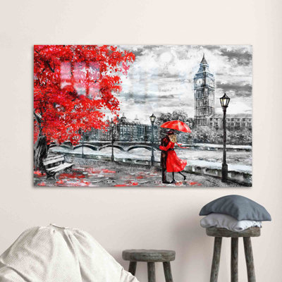 Romantic Red Tree and Couple Under Umbrella Glass Wall Art Ideal for Lovers Looking to Infuse a Touch of Elegance to Their Living Space