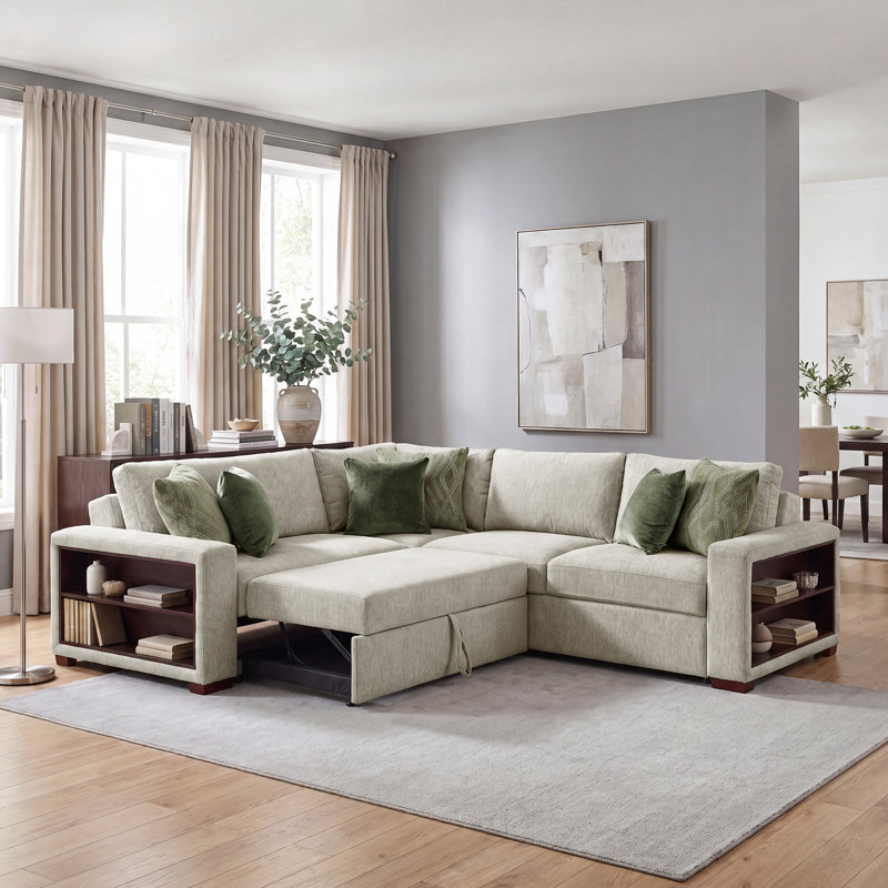 Canapé modulaire en microfibre moderne et contemporain 3 pièces 107,5 po avec lit escamotable, ports de charge intégrés et dossier à encliquetage