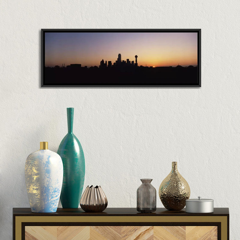 Horizon panoramique, reproduction de photo sur toile tendue, "panoramique du soleil de dallas, texas", Cadre noir