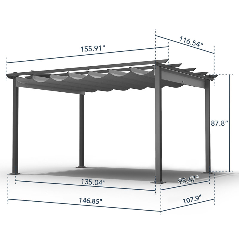Aluminum Pergola with Retractable Canopy, Gray, 13 ft. W x 10 ft. D