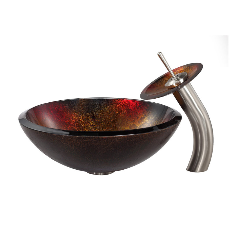 Copper Glass Circular Vessel Bathroom Sink with Faucet, Satin Nickel
