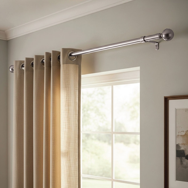 Extendable Metal Curtain Pole, Adjustable Curtain Rod with Brass Finials & Rings, 90cm - 160cm, Chrome