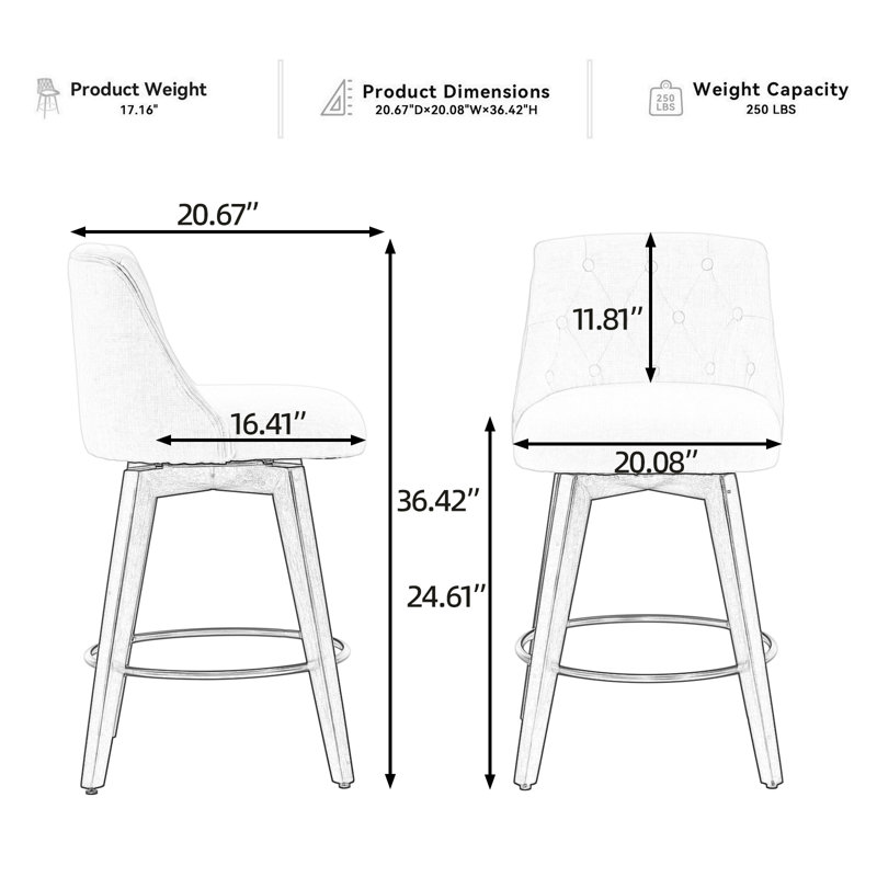 Ensemble de 2 chaises de comptoir pivotantes en tissu de lin moderne avec dossier capitonné, tabourets de bar chics pour îlot de cuisine et salle à manger