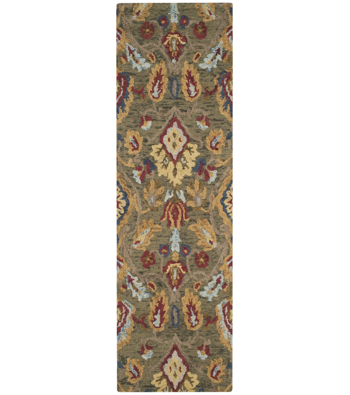 Tansy Handmade Wool Green / Multi Rug, Runner 2'3" x 10'