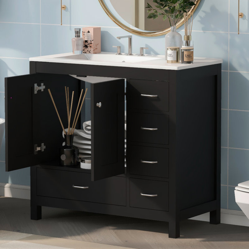36" vanity with ceramic sink, abundant storage cabinet, 2 soft-close doors and 5 drawers