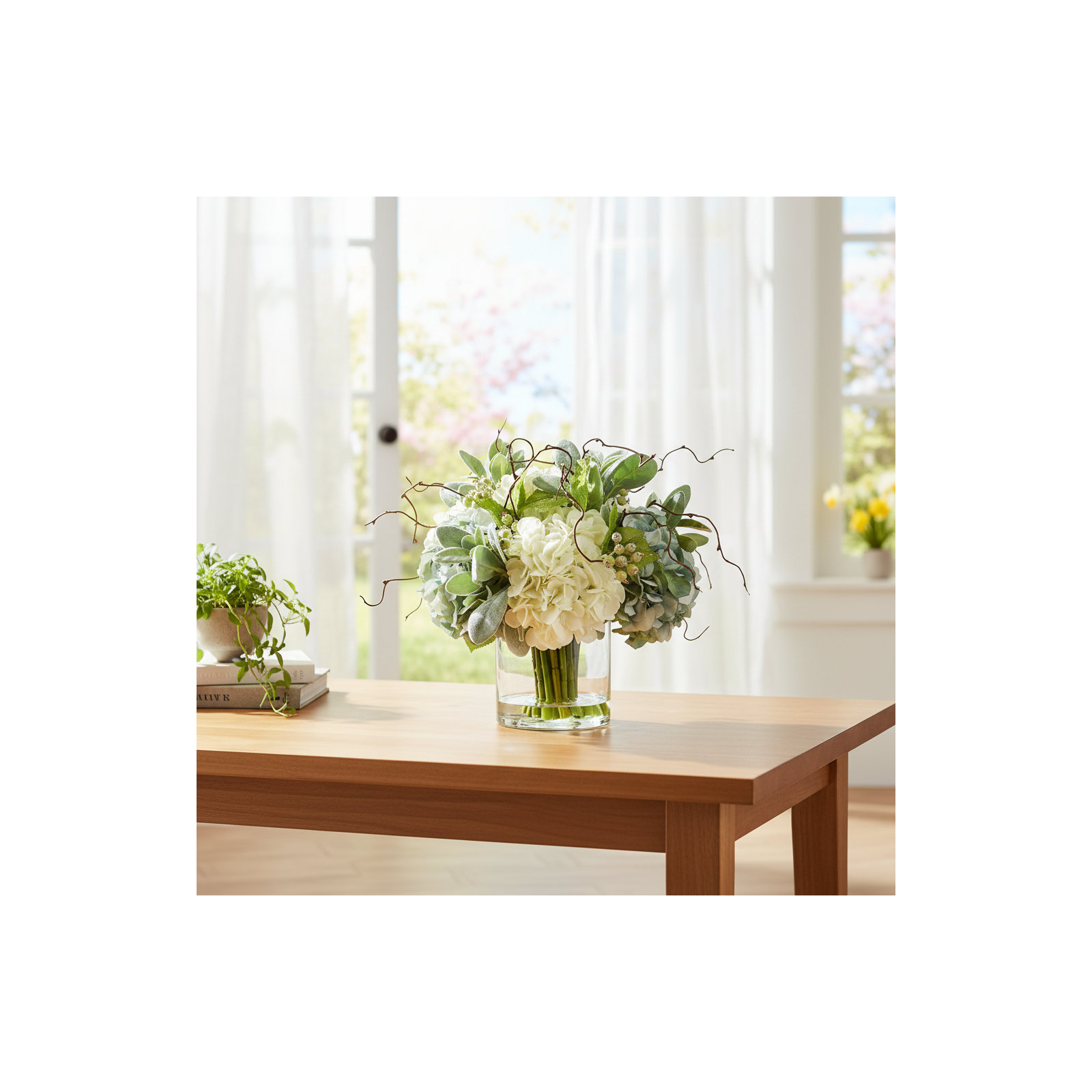 Floral Arrangement with Hydrangeas, Lamb's Ear, and Curly Willow