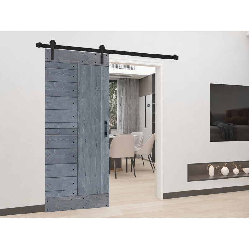 Dark Gray Solid Wood Sliding Barn Door Kit with Black Hardware