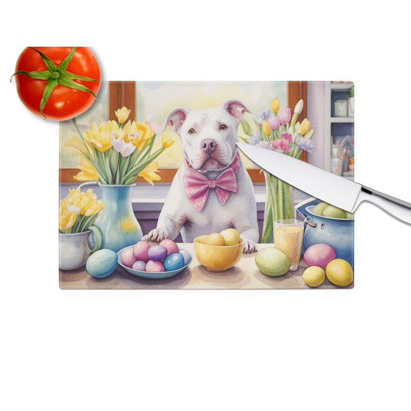 Decorating Easter Pit Bull Terrier Glass Cutting Board