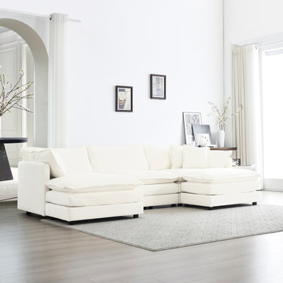 U-shaped Sectional Couch With Reversible Footrest, 5 White For Living Room 2 Ottomans, Footrest Couch, Upholstery