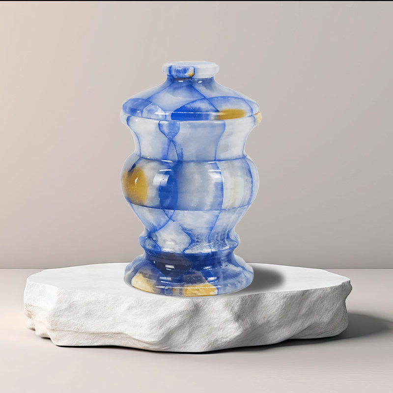 Pot décoratif à carreaux en marbre bleu avec couvercle - Accent de rangement en pierre naturelle