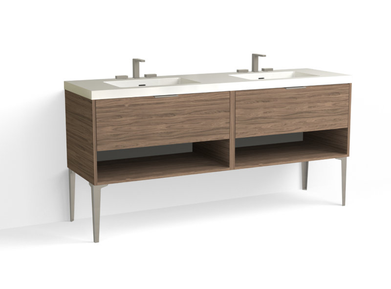 Modo 72" W Freestanding Double Bathroom Vanity with Dean Leg, Matte White/8" Widespread, Nocino, Satin Nickel