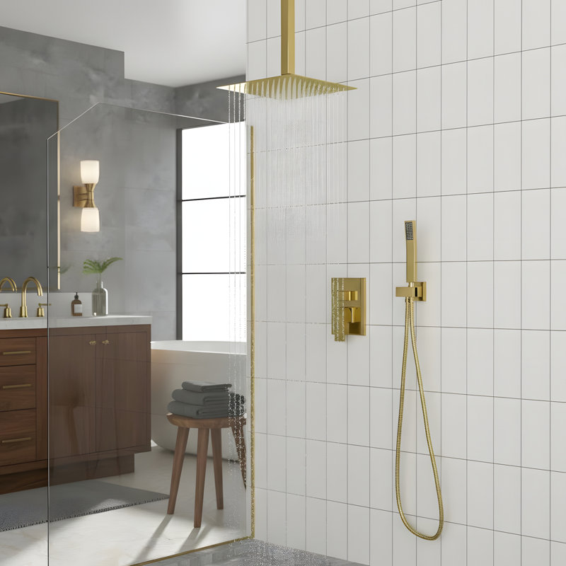 10 Inch Ceiling-Mounted Square Shower System and Handheld Showerhead Set, Gold