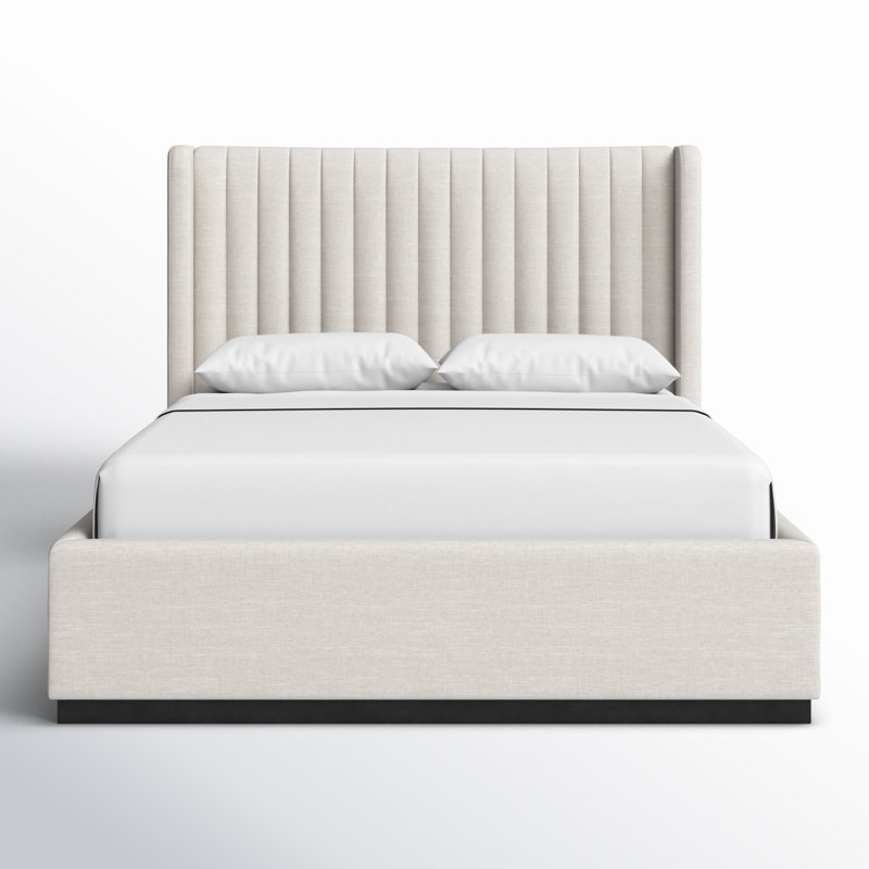 Lit à panneaux tapissier Chamblis, Tissu texturé en lin beige, Grand