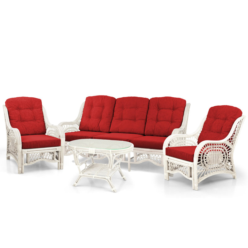 Malibu 4-Piece Natural Rattan Wicker Lounge Set with Red Cushions