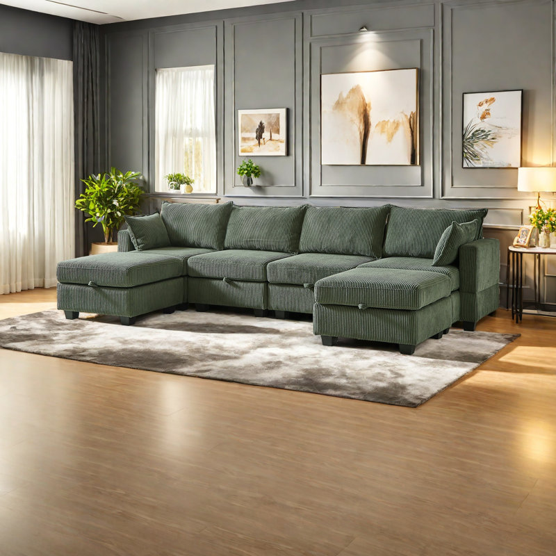 Canapé modulaire en velours côtelé de 113,5 po Sectiona, canapé modulaire en U avec repose-pieds avec rangement, canapé modulaire à 6 places avec méridienne