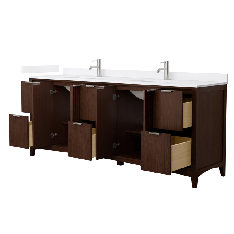 Palmilla 84" Freestanding Double Bathroom Vanity with Cultured Marble Top, Brown, Brushed Nickel, White