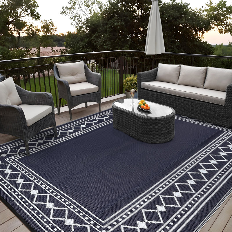 Grand tapis en plastique géométrique pour camping, porche, véhicule récréatif, réversible, imperméable, Blue