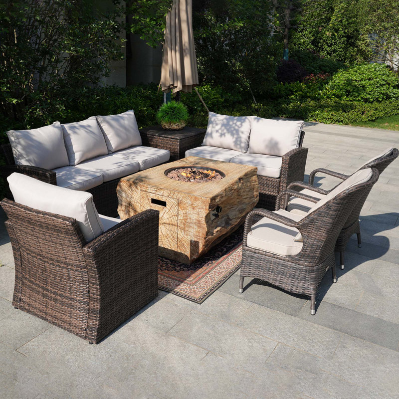 8-Person Outdoor Brown Seating Set With Firepit Table