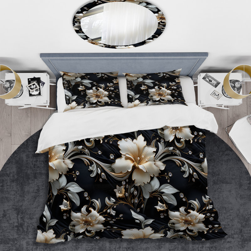 Ensemble de housse de couette Golden Golden Beige and Black Flowers Elegance I - Glam