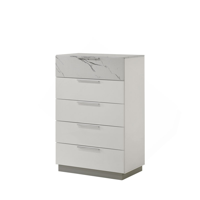 Commode - finition bicolore très brillante en marbre et laque avec cinq tiroirs à glissement lisse, tiroir supérieur doublé de velours