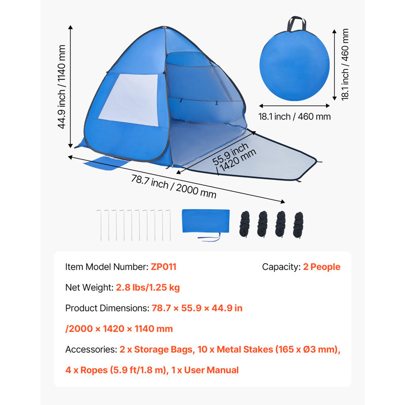Beach Tent Sun Shelter for 2 Person, UPF 50+ Protection, Portable Sun Shade Canopy with Carrying Bag & Sand Pockets, Lightweight and Easy Setup Beach Umbrella for Camping Fishing Outdoor Picnic