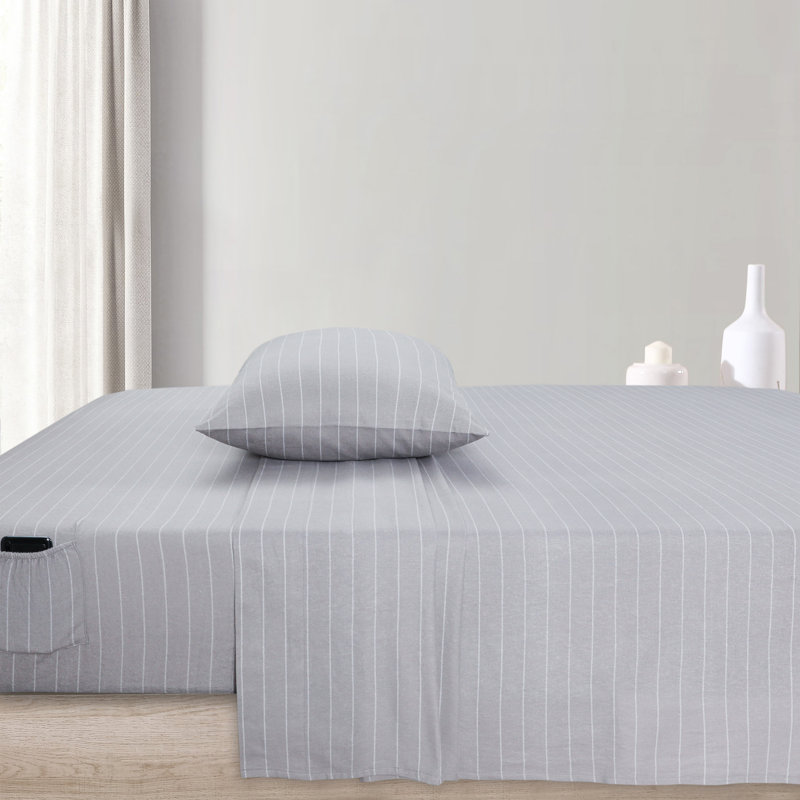 Queen Gray Stripe Cotton Flannel Deep Pocket Sheet Set