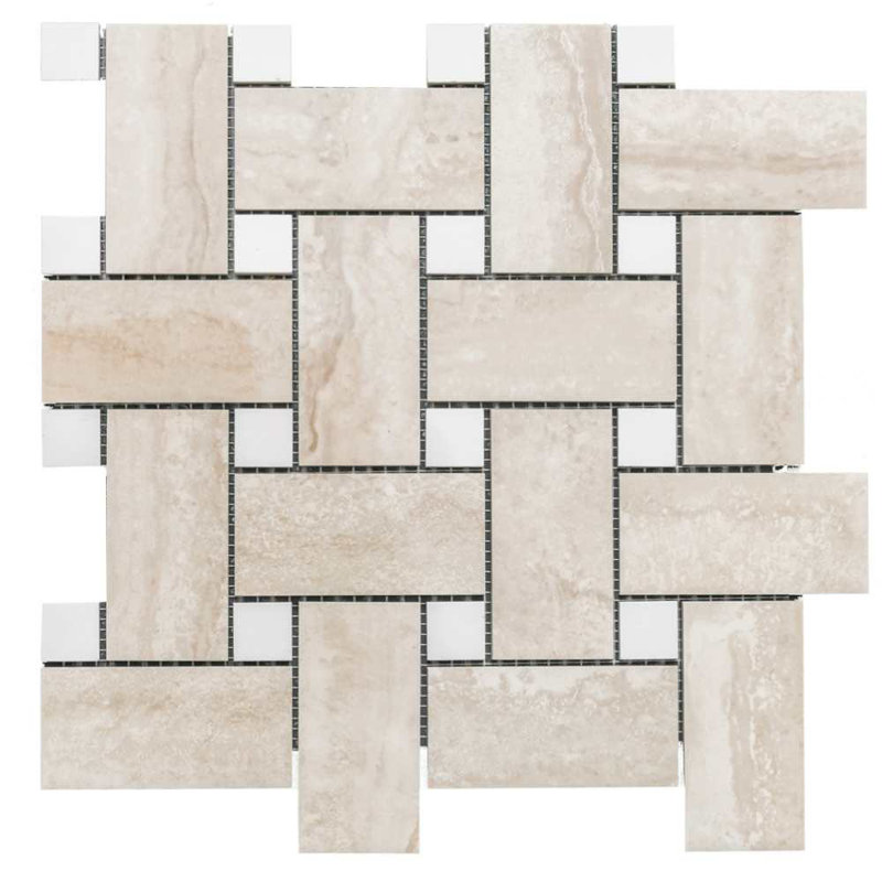 Stately Basketweave 13" x 13" Porcelain Brick Joint Wall & Floor Tile, Travertine Beige