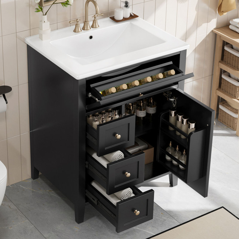 Meuble-lavabo 24 po avec lavabo, 3 tiroirs et armoire avec tablettes réglables, Black/Gold