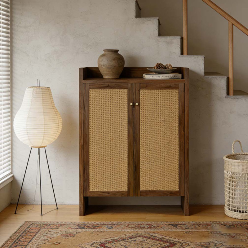 42.5" Tall Rattan Shoe Cabinet with Doors, Walnut